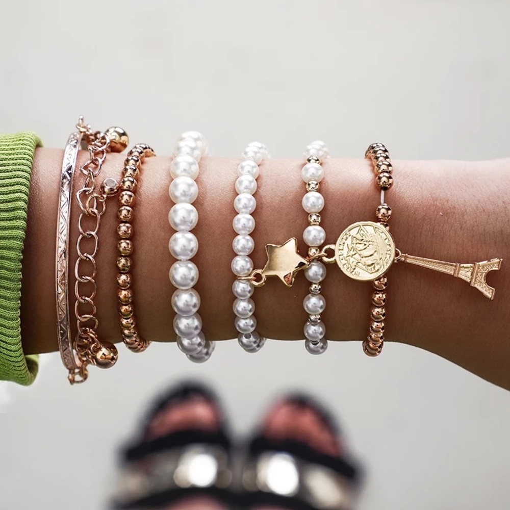Gold & Pearl Eiffel Tower Bracelet Set